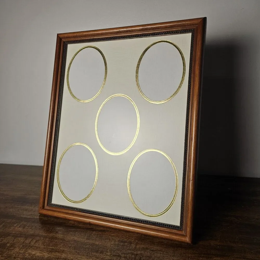 Vintage Collage 5 Photo Wood Picture Frame Oval Openings Gold Matting 12